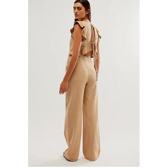 Free People Love Bite jumpsuit Small Denim Ruffles NEW